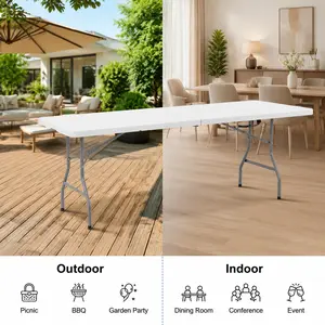 White Plastic Folding Table – Height Adjustable, Fold-in-Half Design, Versatile Use for Indoor & Outdoor Camping, Kitchen, Beach, and Parties