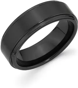 Black Ceramic 7mm  Raised Flat Center & Stepped Edge Fashion or Wedding Band Ring