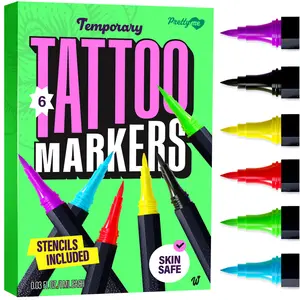Temporary Tattoo Markers for Kids & Teens – 6 Colorful Skin-Safe Pens with 10 Stencils, Water‑Resistant, Mess‑Free Fun