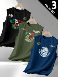 Men's Versatile Knit Sleeveless T-Shirt Set, 3-Piece Daily Wear, Mexican Theme Cultural Flag Graphic Print Round Neck Vest, Casual Streetwear Comfort Fit