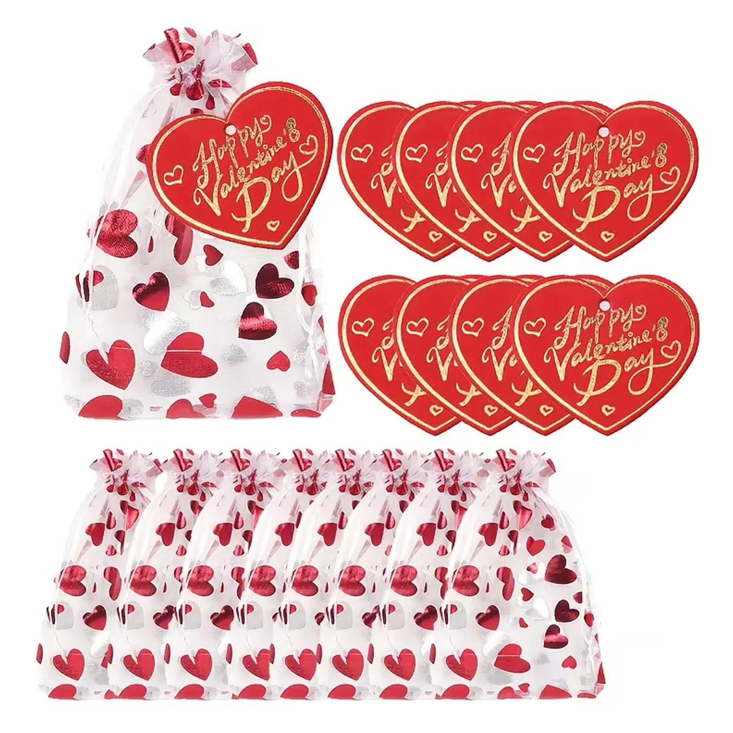 50pcs Valentine's Day heart-shaped gift bags with gold-embossed greeting cards, suitable for romantic gifts, wedding return gifts, best friend's Day, party candy bags, gift packaging for lovers and friends, and cute Valentine's Day decorations