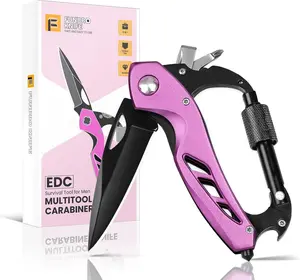 Unique Folding Donut Pocket Knife Pink Multitool Carabiner, Stocking Stuffers Gifts for Mom Women Wife, 6-in-1 Keychain Multi Tools with Window Breaker, Bottle Opener and Screwdriver, EDC Gear Gadget for Camping Hiking