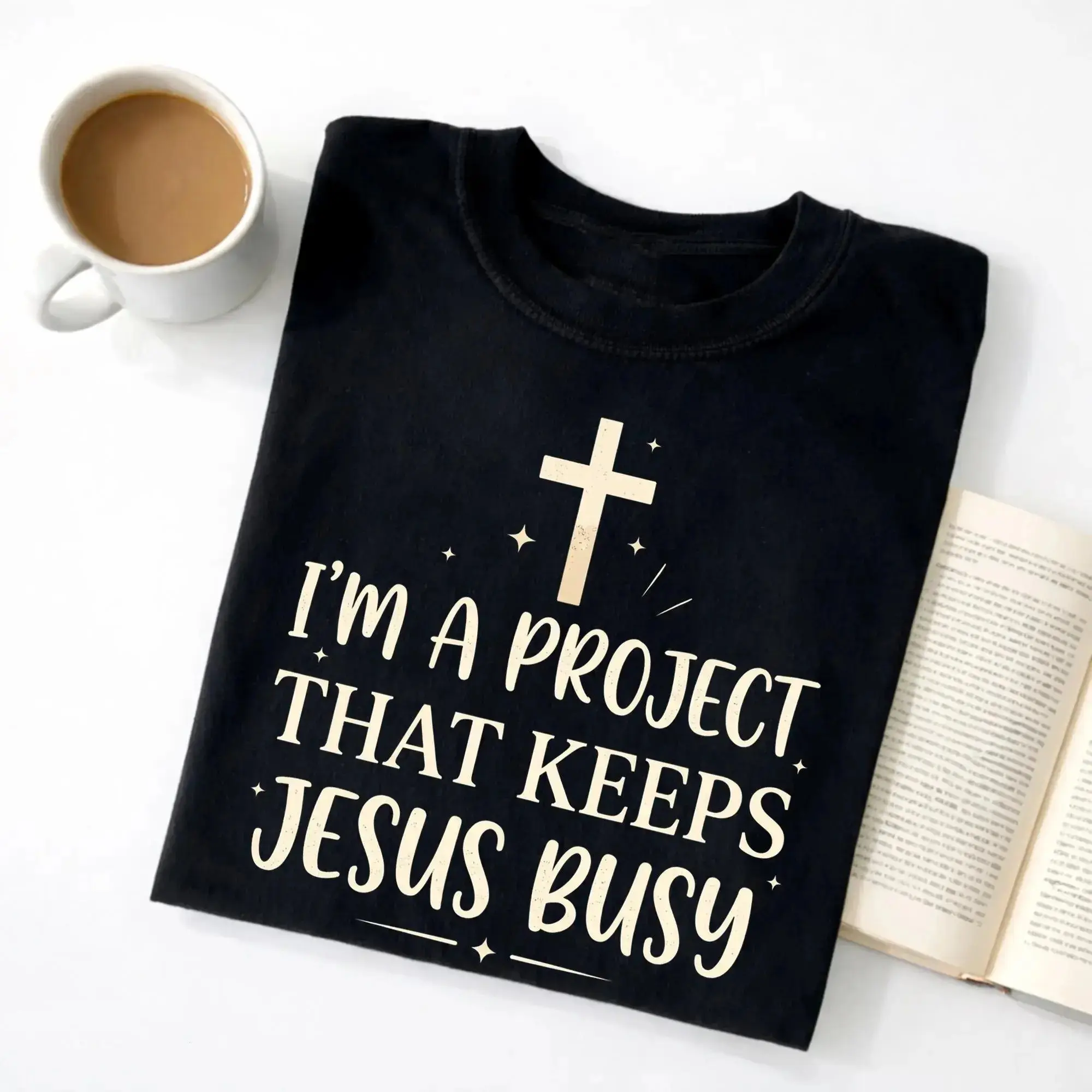 I'm A Project That Keeps Jesus Busy T-Shirt, Inspirational Religious Faith Crew Neck Tee, Church Sunday Worship Casual Short Sleeve Top, Easter & Faith Believer Sentimental Gift, Unisex Retro Religious Cotton Streetwear T-Shirt