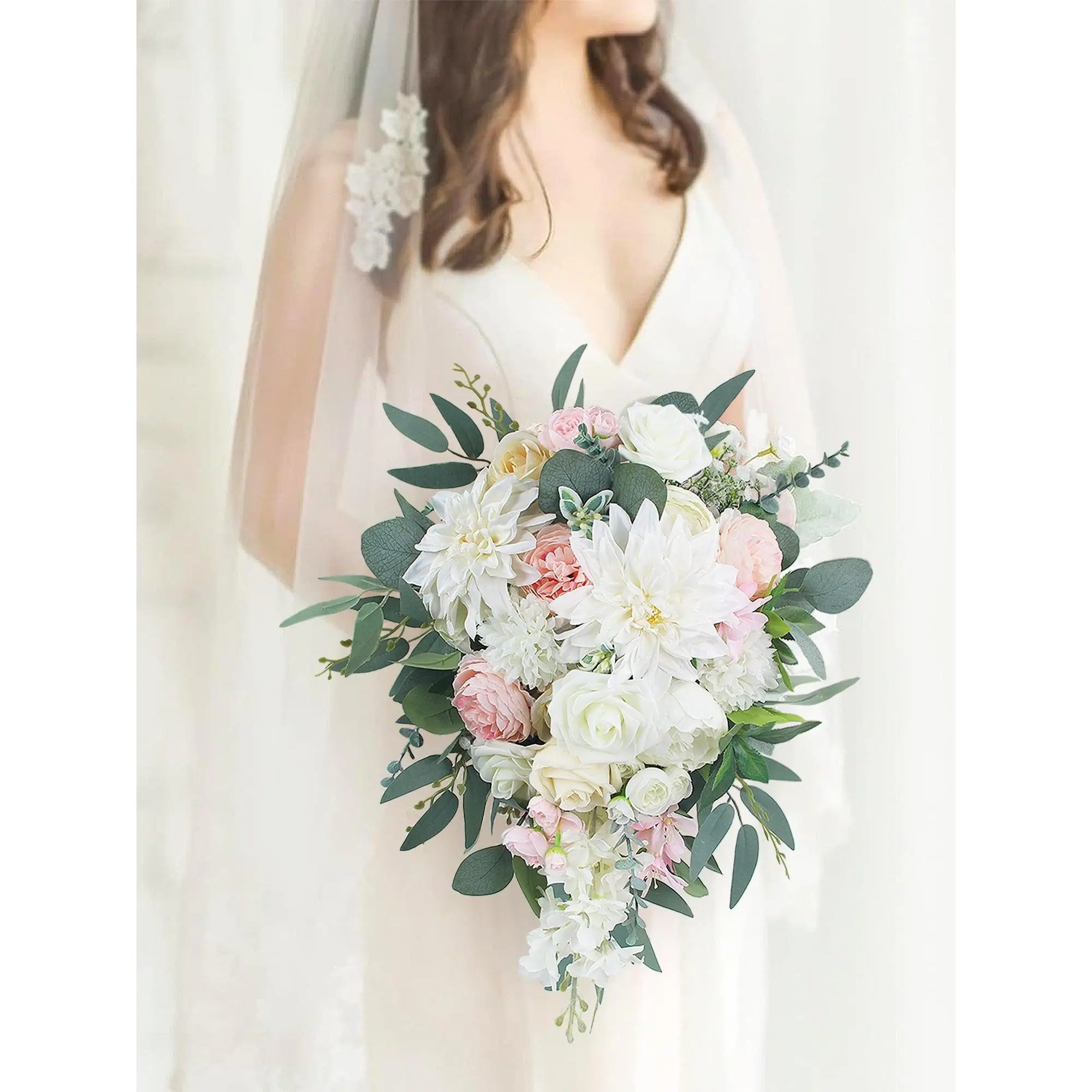 Rinlong 11 inch W x 19.6 inch L Draped Blush White Silk Peony & Eucalyptus Foam Bridal Bouquet, Sage Flowers, Statement Opulent Wedding Decor Supplies, Cascading Bridal Bouquet