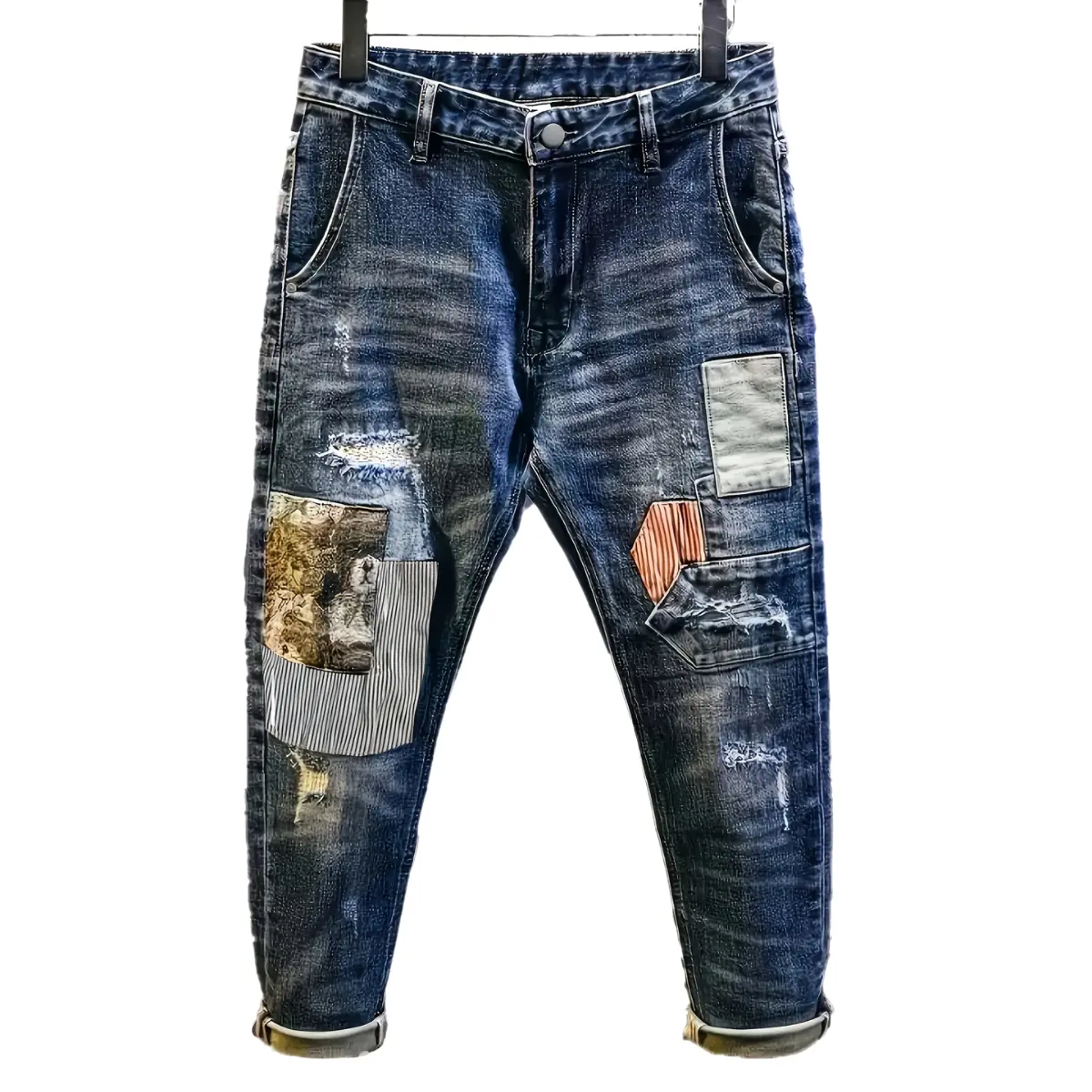 Men's Artisan-Washed Tapered-Leg Denim Jeans - Comfortable Denim Men's Clothes with Vintage Patchwork, Distressing, Pockets, All-Seasons Versatility, Straight Pants Option