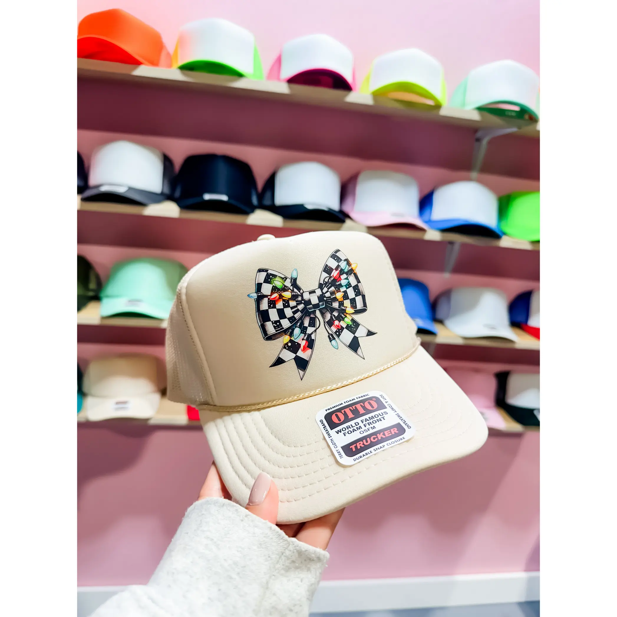 Custom Color checkered Christmas Bow Trucker Hat