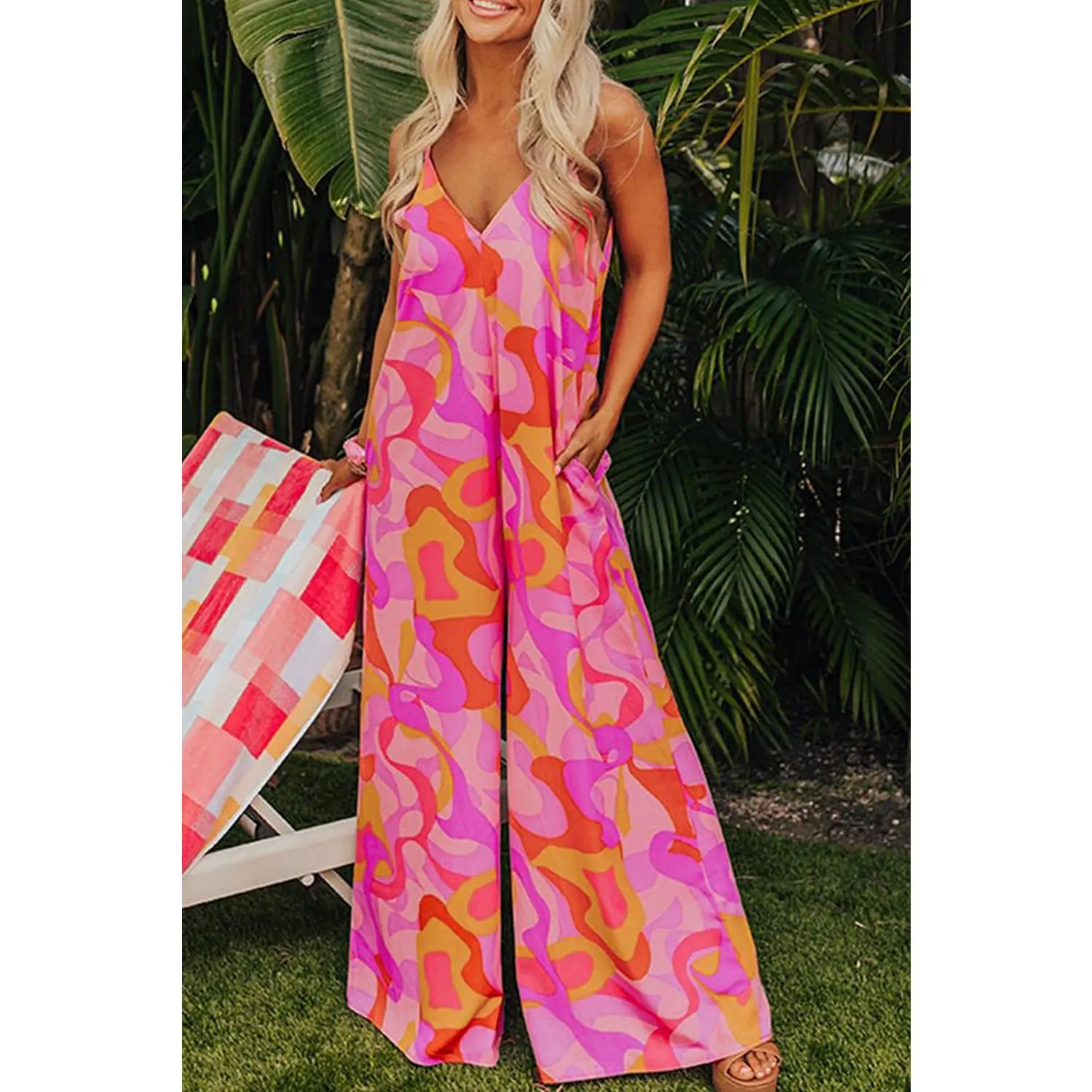 Pink Boho Abstract Print V Neck Wide Leg Jumpsuit