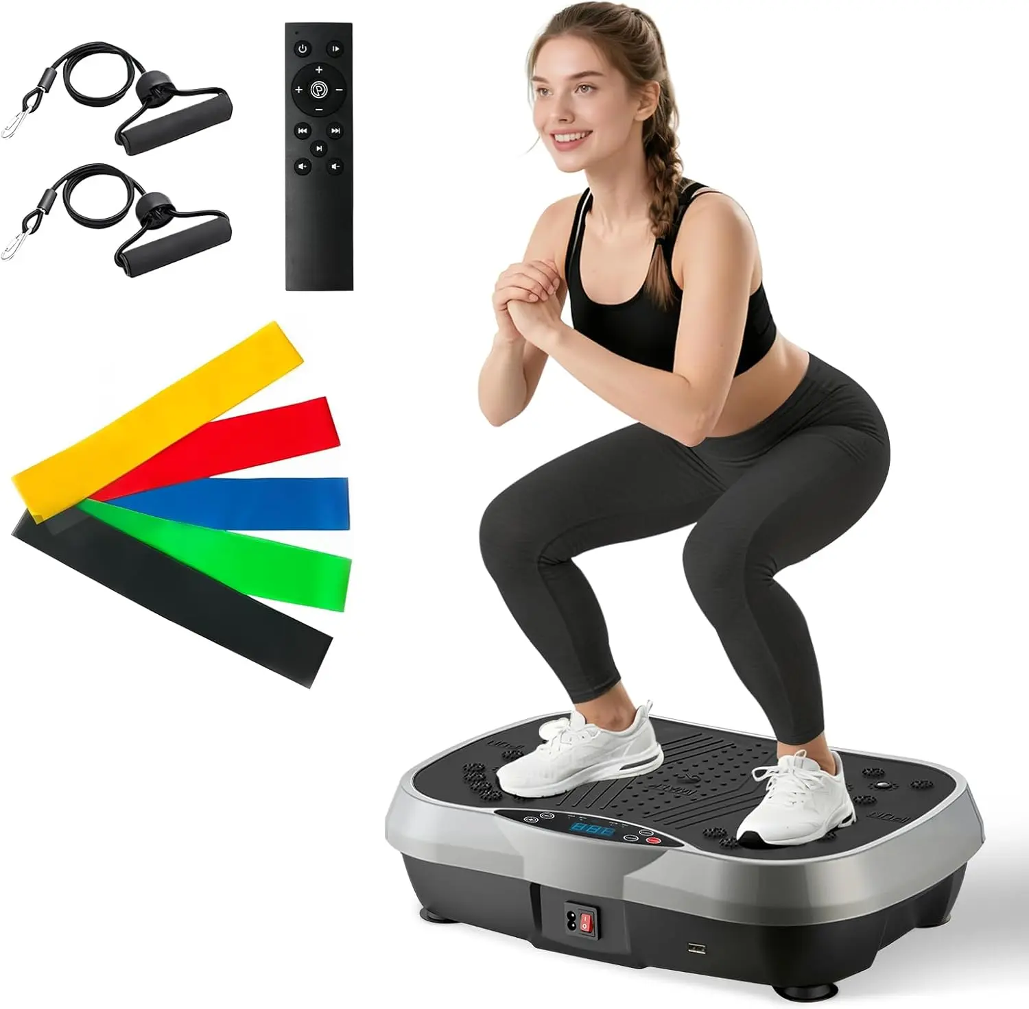 Vibration Plate Exercise Machine, 6 Workout Modes & 200-Level Vibration Platform 400lbs Capacity Vibration Board with Bluetooth Remote Control 3-in-1 Indoor Home Gym Fitness Equipment with 5 Resistance Bands