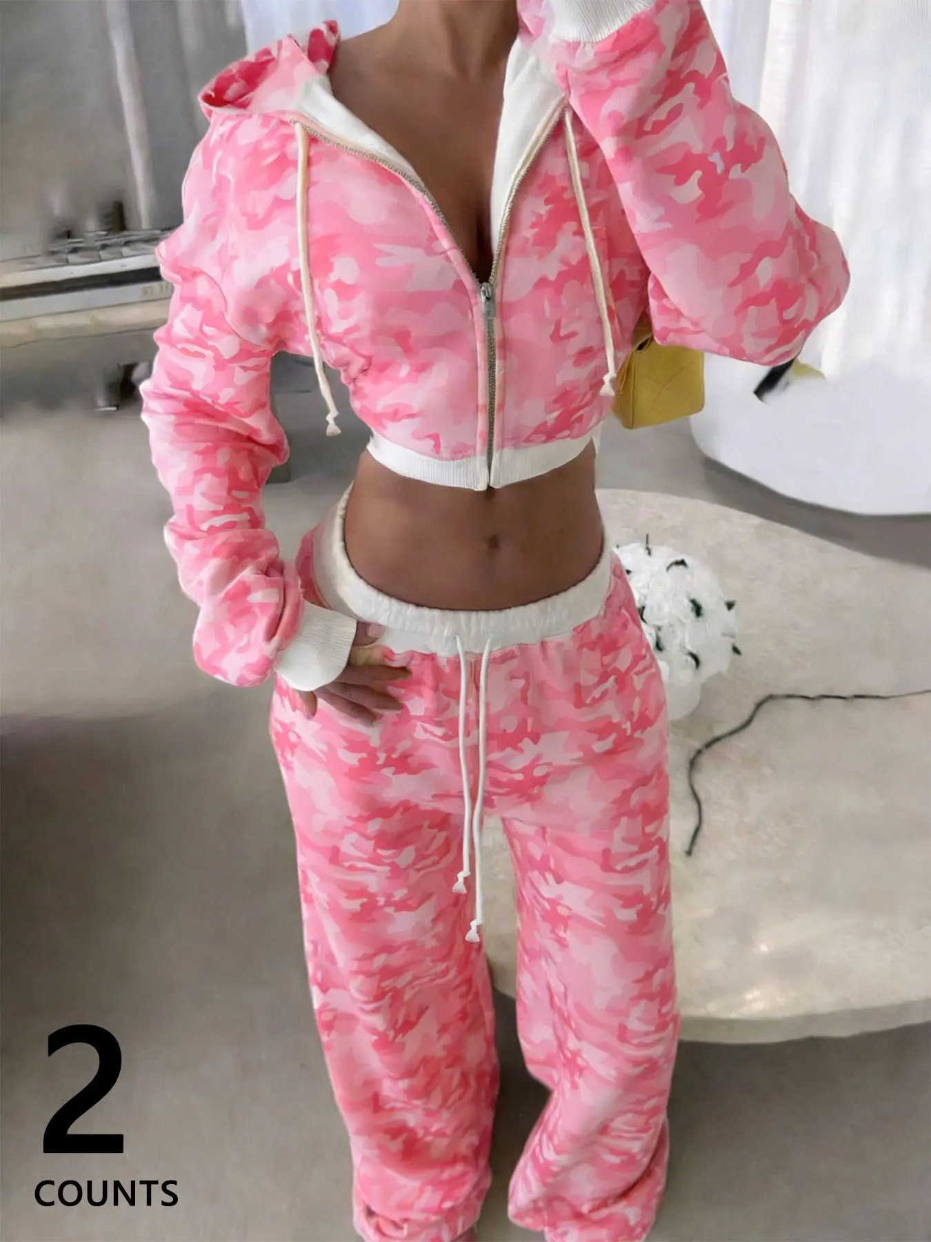 Women's Camouflage Print Hooded Fitted Zip-up Long-sleeve Top & Drawstring Waist Sweatpants Set, Womenswear Y2K Trendy Streetwear Style, Perfect for Casual Daily Wear Everyday