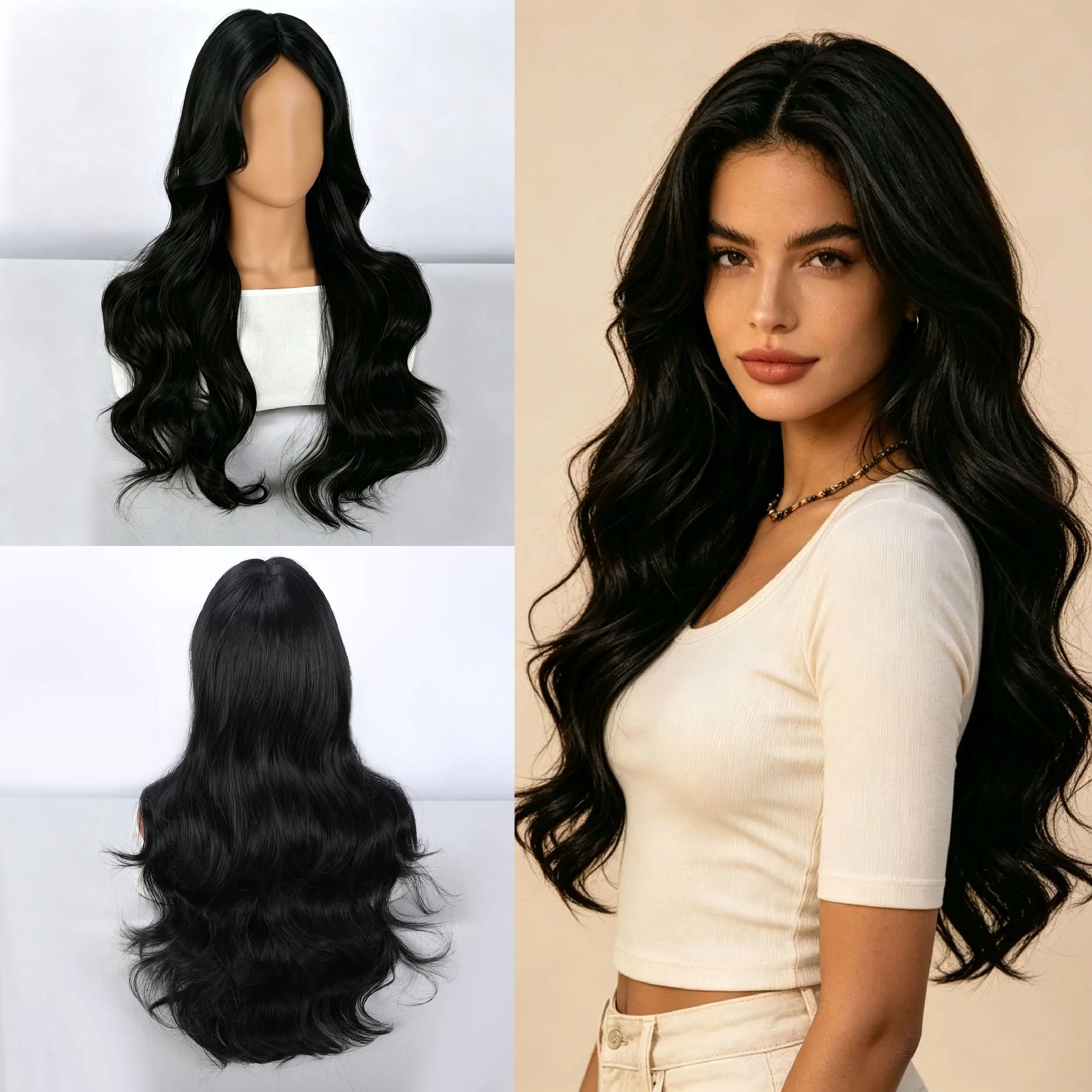 Women's long black wavy wig with center parting | Lace bangs Carnicaron wigs and high-temperature silk wigs with simulated scalp various  Suitable for everyday wear and parties