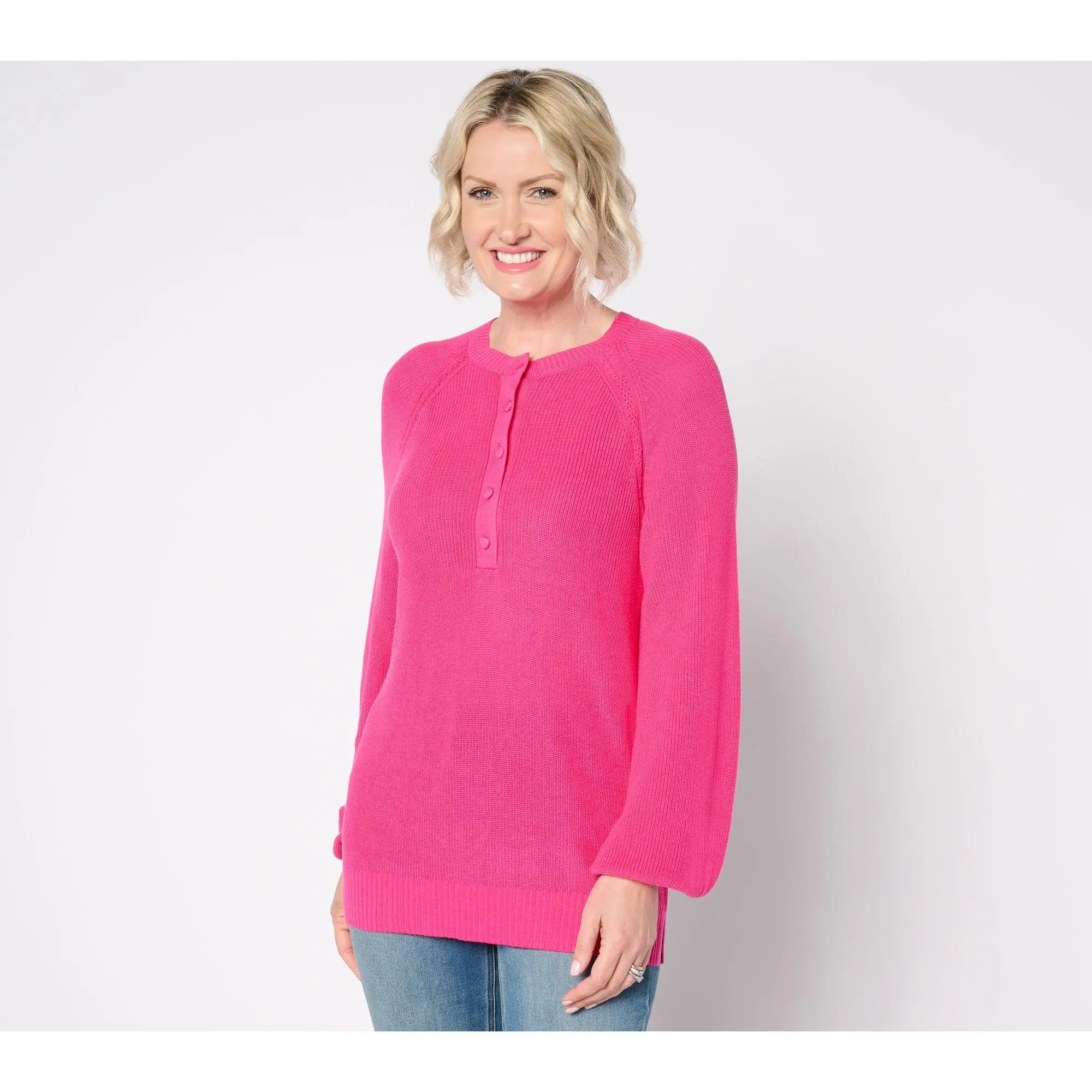 Belle by Kim Gravel Ribbed Henley Blouson Sleeve Sweater