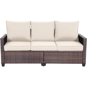 3-Seater Deep Seat Outdoor Sofa - High Back Patio Couch with Water-Resistant Cushions, All-Weather PE Rattan for Patio, Garden (Modern Design) -Beige