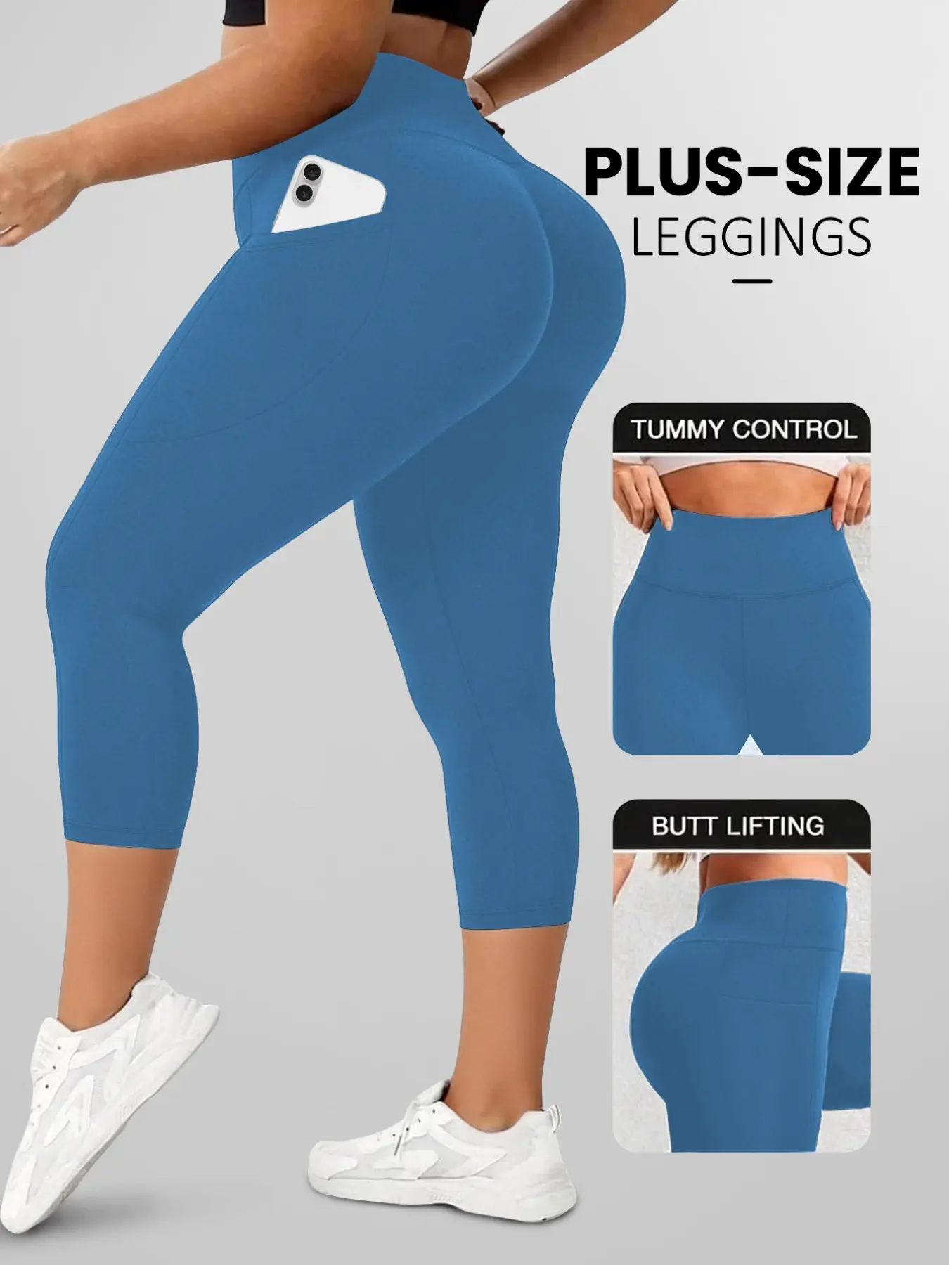 Plus Size High-Waisted Seven-Quarter Yoga Pants, Pocketed High-Elastic Fitness Training Tights, Ideal for Running, Gym, Casual Wear, Gym Workout Sportswear, Gym Workout Leggings, Athleisure Style Bottoms, Activewear Bottoms