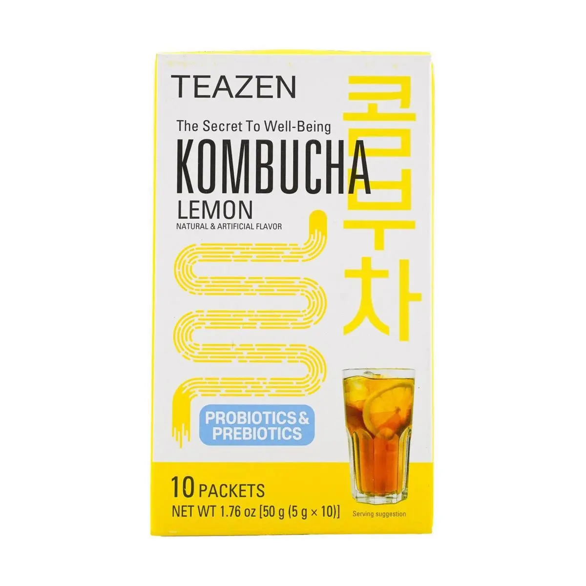 Teazen Kombucha Lemon Flavor 10 Sachets 0.17oz Each - Korean Sugar-Free Probiotic Tea, Gut Health, Low Cal