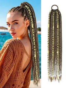 24" Boho Braided Ponytail Extension with Hair Tie, Hand-Braided Viking Dreadlock Beads Synthetic Hairpiece for Cosplay Party