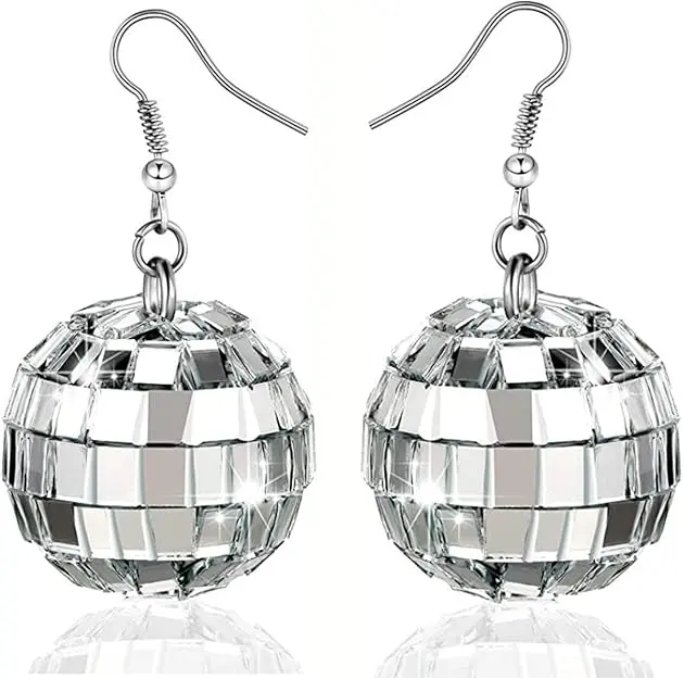 Sparkle Silver Acrylic Disco Ball Drop Earrings, Female Daily Jewelry, 70s Disco/80s Costume Party Dance Accessories, Vintage Glamour Design, Lightweight, Comfortable, Hypoallergenic Hooks