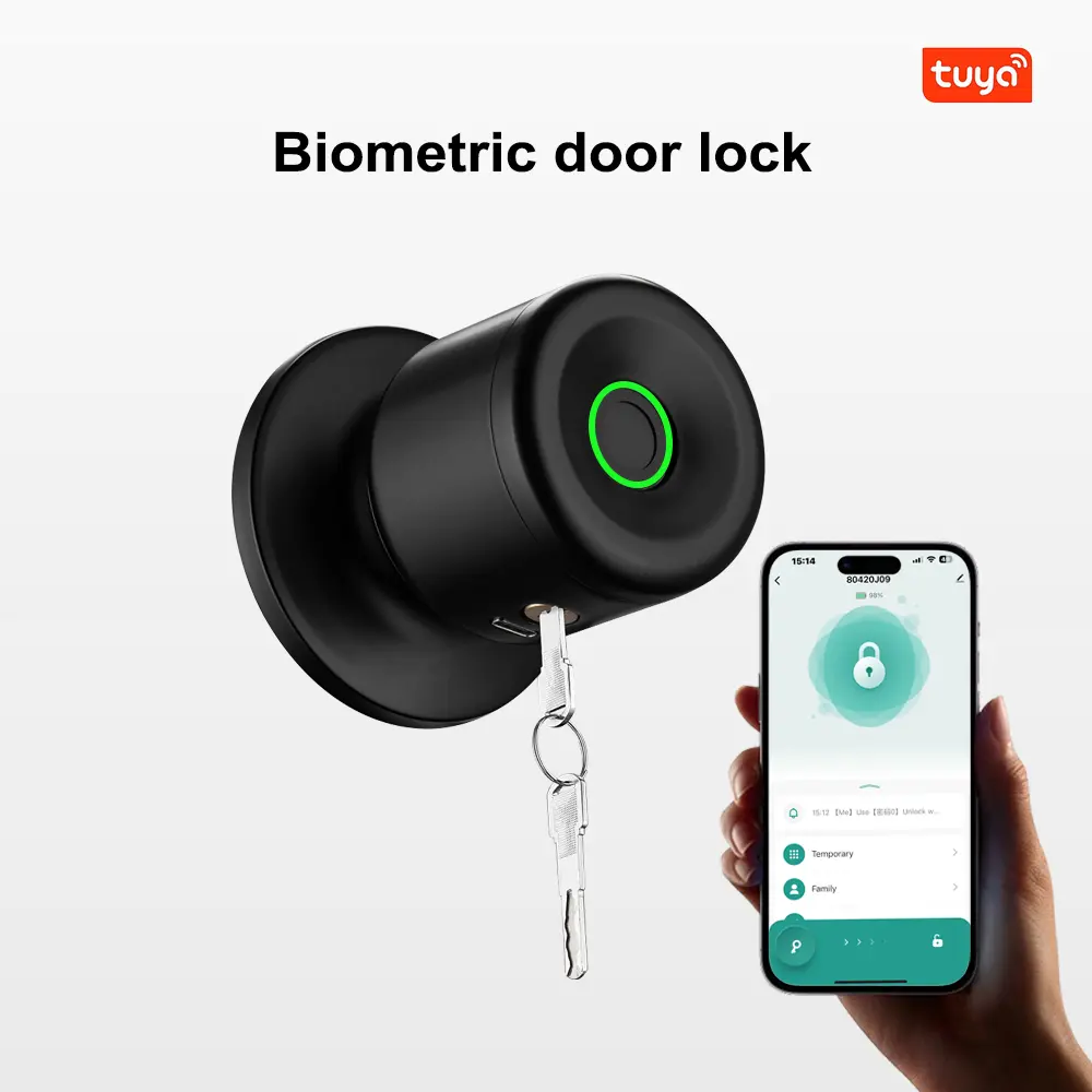 Matte Black Round Ball Handle Biometric Fingerprint Door Lock - 4-in-1 Keyless Entry Door Lock with Tuya App Control, Digital Keypad, for Modern Living Homes, Bedrooms, Garages