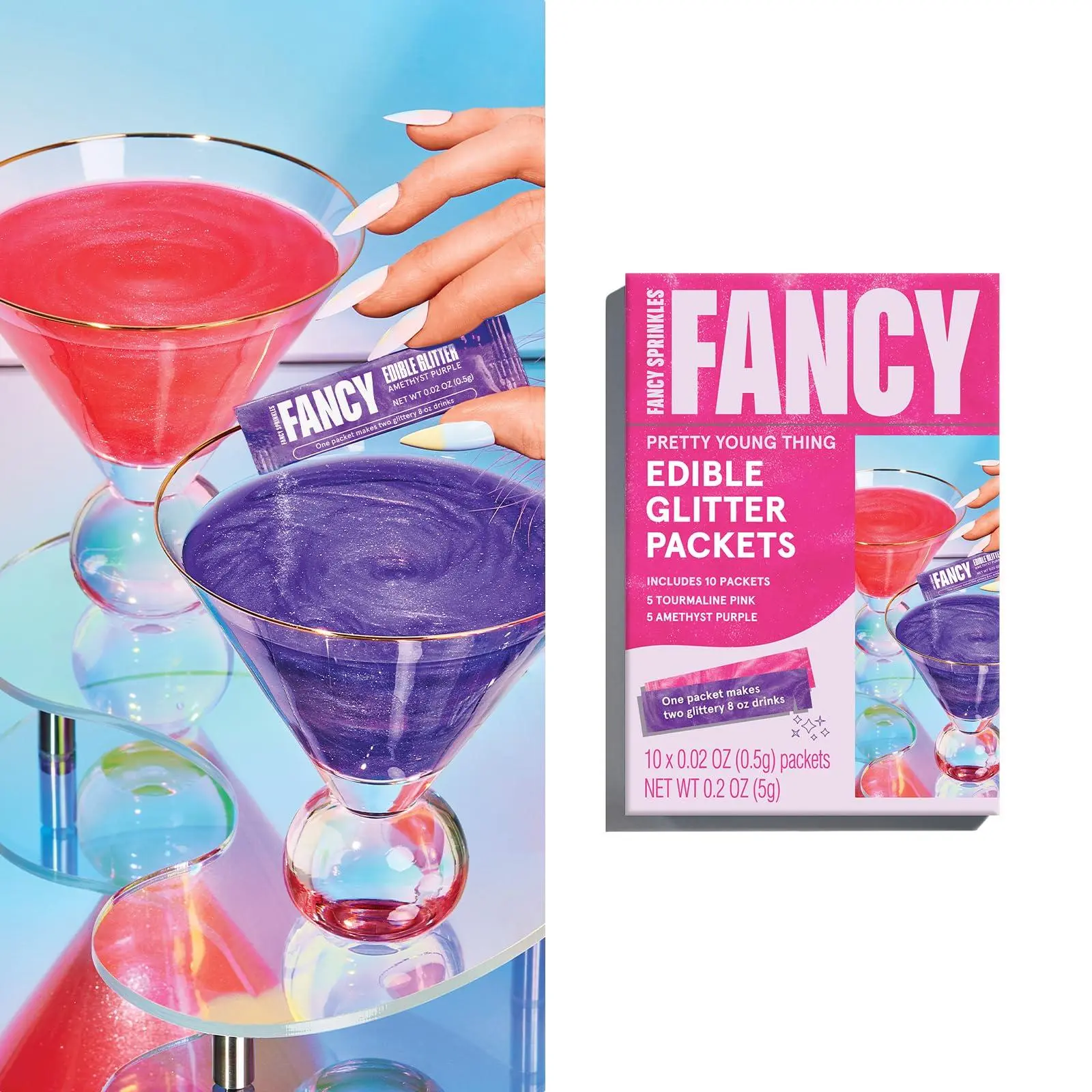 Fancy Sprinkles Pretty Young Thing Edible Glitter Packets 1 Pack | Tourmaline Pink & Amethyst Purple | Portable Drink Glitter for Cocktails & Champagne Bachelorette & Girls Night | 10 Packets
