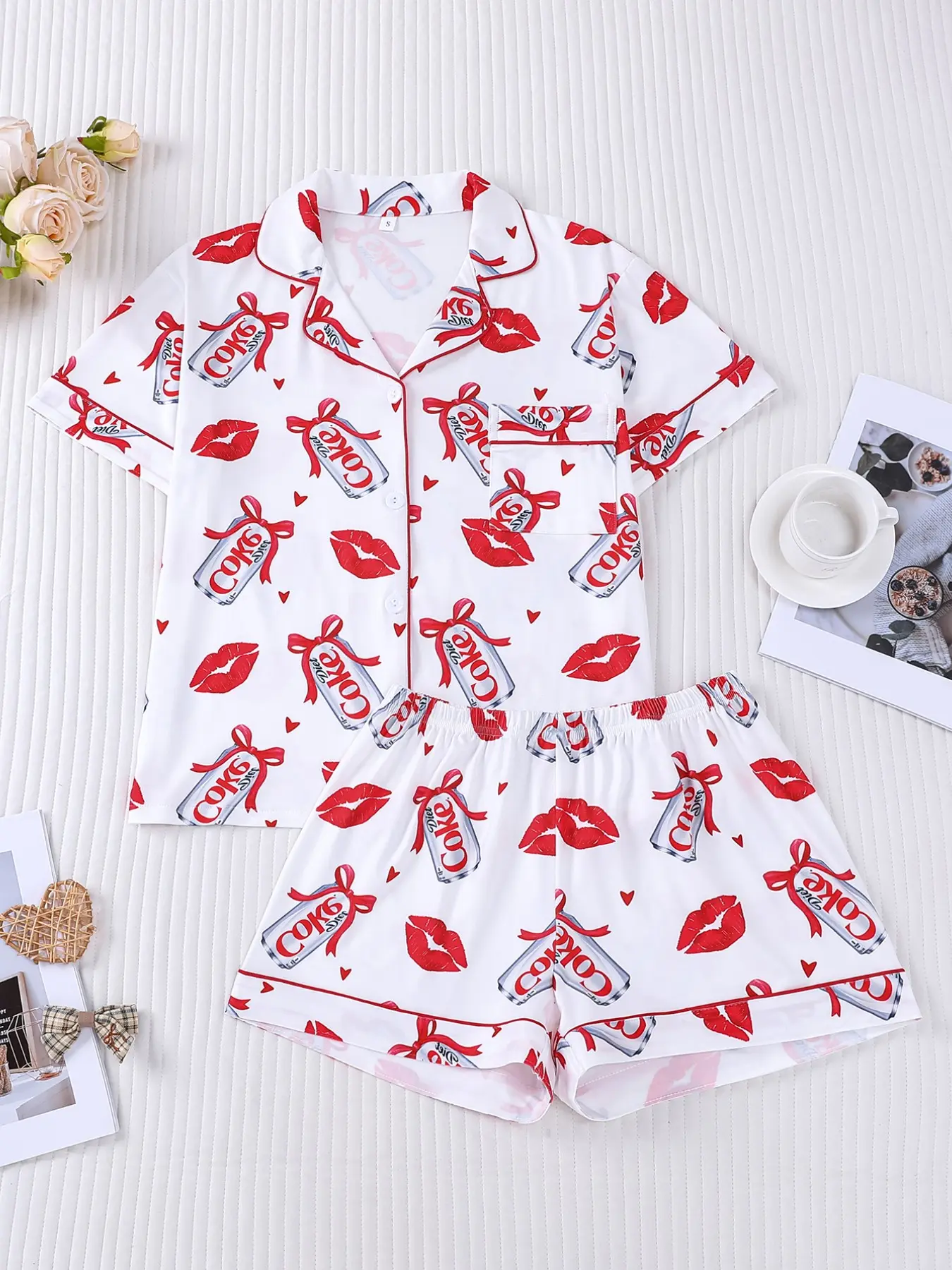2-piece "Soda and Kiss" Valentine's Day Pajama Set Print Loungewear. Romantic collared pajamas, soft cotton fabric, sweet, playful and Fitted design, perfect for women to relax at home on Valentine's Day Nightwear, Womenswear, Pyjamas, Pjs