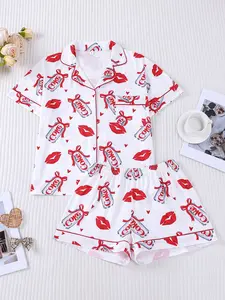 1 Set "Soda & Kisses" Valentine’s Day Pajama Set, Romantic Sleepwear, Loungewear, Soft Cotton Fabric, Sweet and Playful Design, Perfect for Women to Celebrate Valentine’s Day or Relax at Home