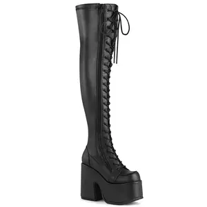 Demonia Camel-300 Black Str Vegan Leather Over-the-knee Boots