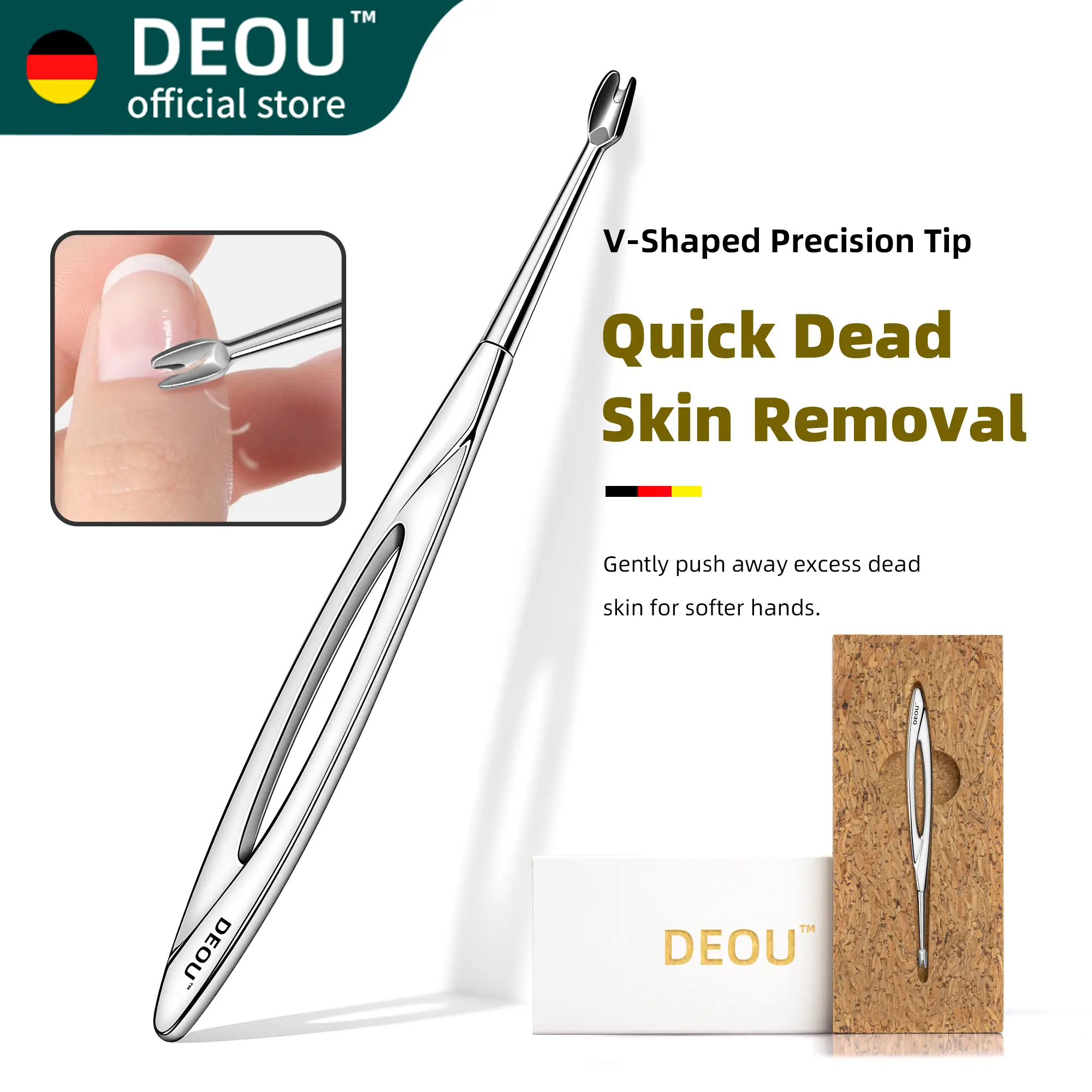 DEOU V-Shaped Stainless Steel Cuticle Pusher with Handle - Cuticle Exfoliator, Professional Dead Skin Trimmer, Beginner-Friendly Fashion Manicure Tool for At-Home Pedicure & Gel Nails, Pedicure At Home, Gel Nails At Home