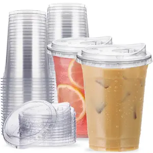Set of 10/20/50 Clear Plastic Cups with Lids, to Go Crystal Transparent Disposable Cups for Iced Coffee, Smoothies, Soda, Lemonade, 16oz Pop Cups, Cups Pack