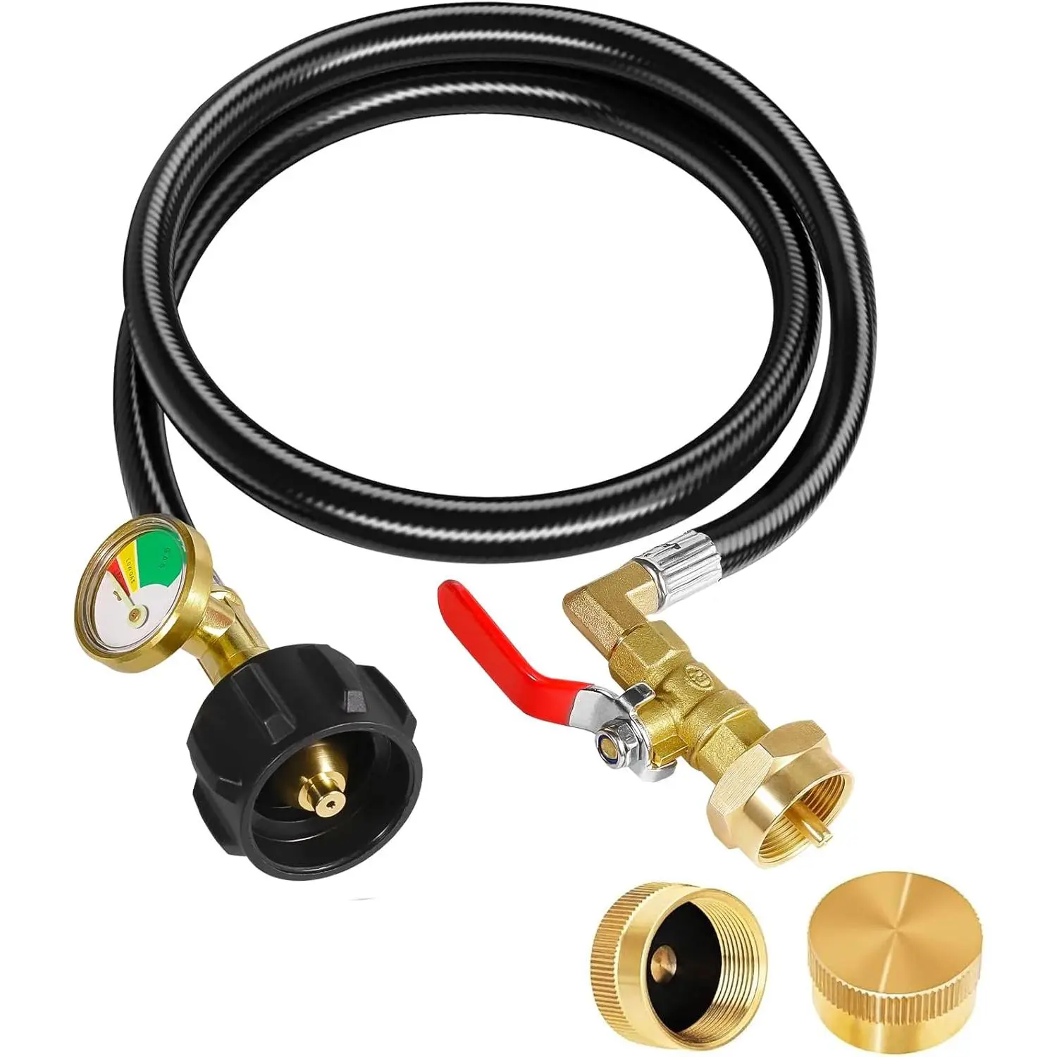 Solid Brass Propane Refill Adapter with 3ft/36inch Hose, QCC1 Connector, Night Vision Pressure Gauge, On-Off Control Valve, 2 Propane Bottle Caps for 1lb Bottle & 20lb Tanks