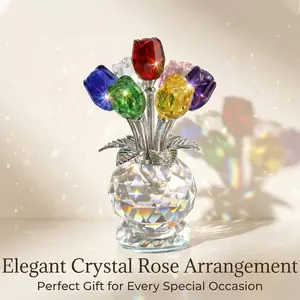 Valentine Crystal Rose Figurine with Vase - Handmade Bouquet Gift for Wife Girlfriend Women Home Table Decor Wedding Anniversary