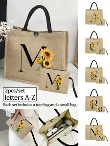 2-Pieces/Set Linen Tote Bag, Including Printed Initials A-Z Tote & Small Bag, Sunflower Print, Letters, Personalized Gift Package, Yellow Linen Black Tote Bag With Buckle, Combination Of Small And Large Bag, Stylish Tote Bag