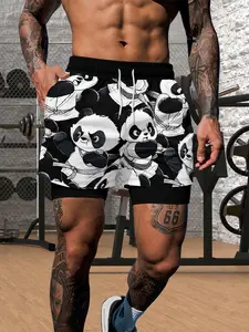 Men's Panda Print Double-Layer Gym Shorts, Quick-Dry Gym Pants, Breathable Running Training Five-Inch Shorts, Casual All-Over Print, Breathable Athletic Shorts