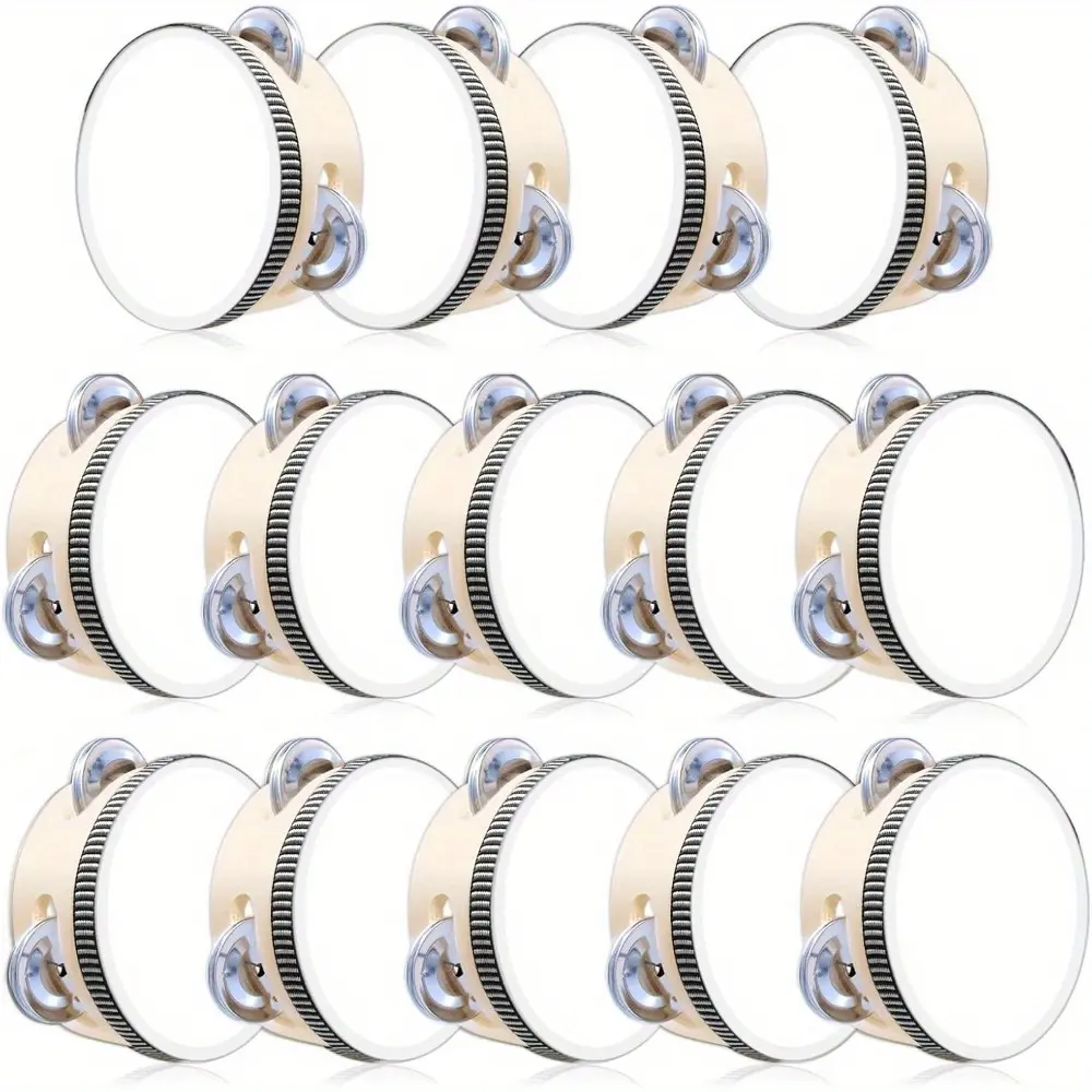 14 Pcs Wedding Tambourine for Adults 4 Inch Wood Metal Jingles Drum Hand Held Drum Instrument White Musical Educational Percussion for Church Party Games