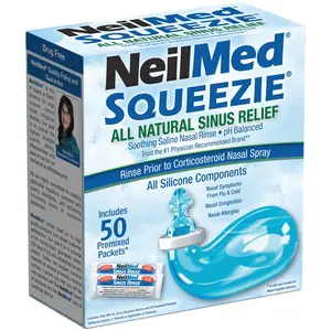 NeilMed Squeezie Nasal Rinsing System - Soothing Saline Rinse for Sinus Relief & Allergies - 50 Premixed Packets - Silicone Material - Drug-Free Nasal Care