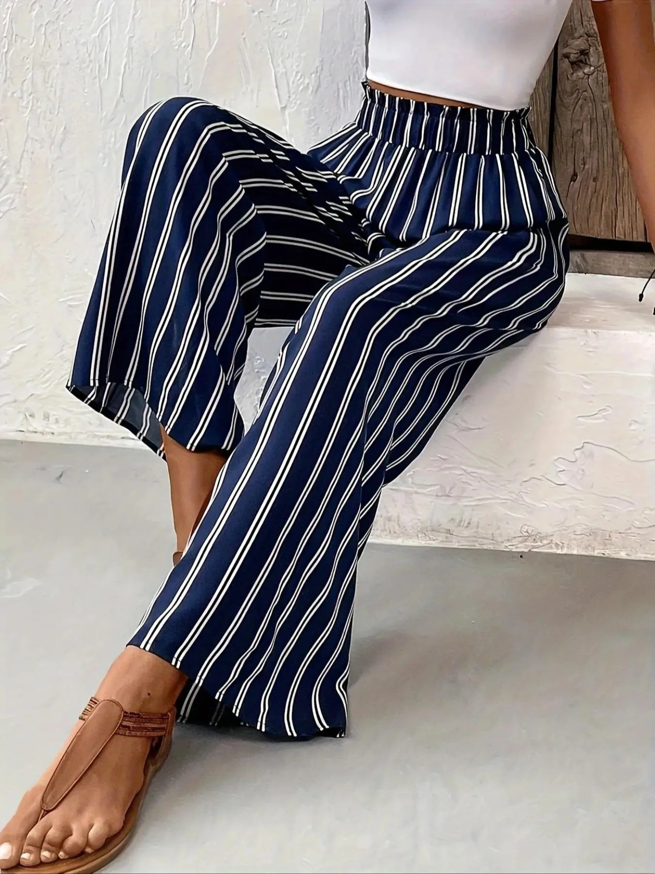 Women's Striped Print Pocket Wide Leg Pants, Casual Comfy Loose Baggy Trousers for Daily Wear, Ladies Bottoms for All Seasons, Fashion Bottoms, Womenswear