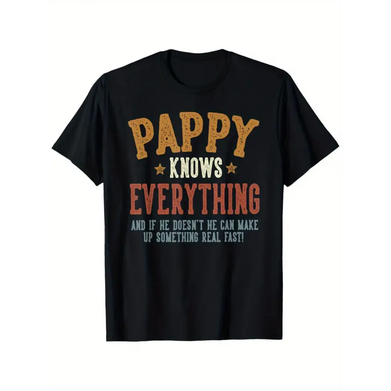 Men's Vintage 100% Cotton Short Sleeve T-Shirt - Pappy Knows Everything Funny Slogan Graphic, Casual Streetwear Crew Neck, Breathable, Pappy's Rules Humorous Dad Gift (S-XXXL, Unisex Fit), Shortsleeve