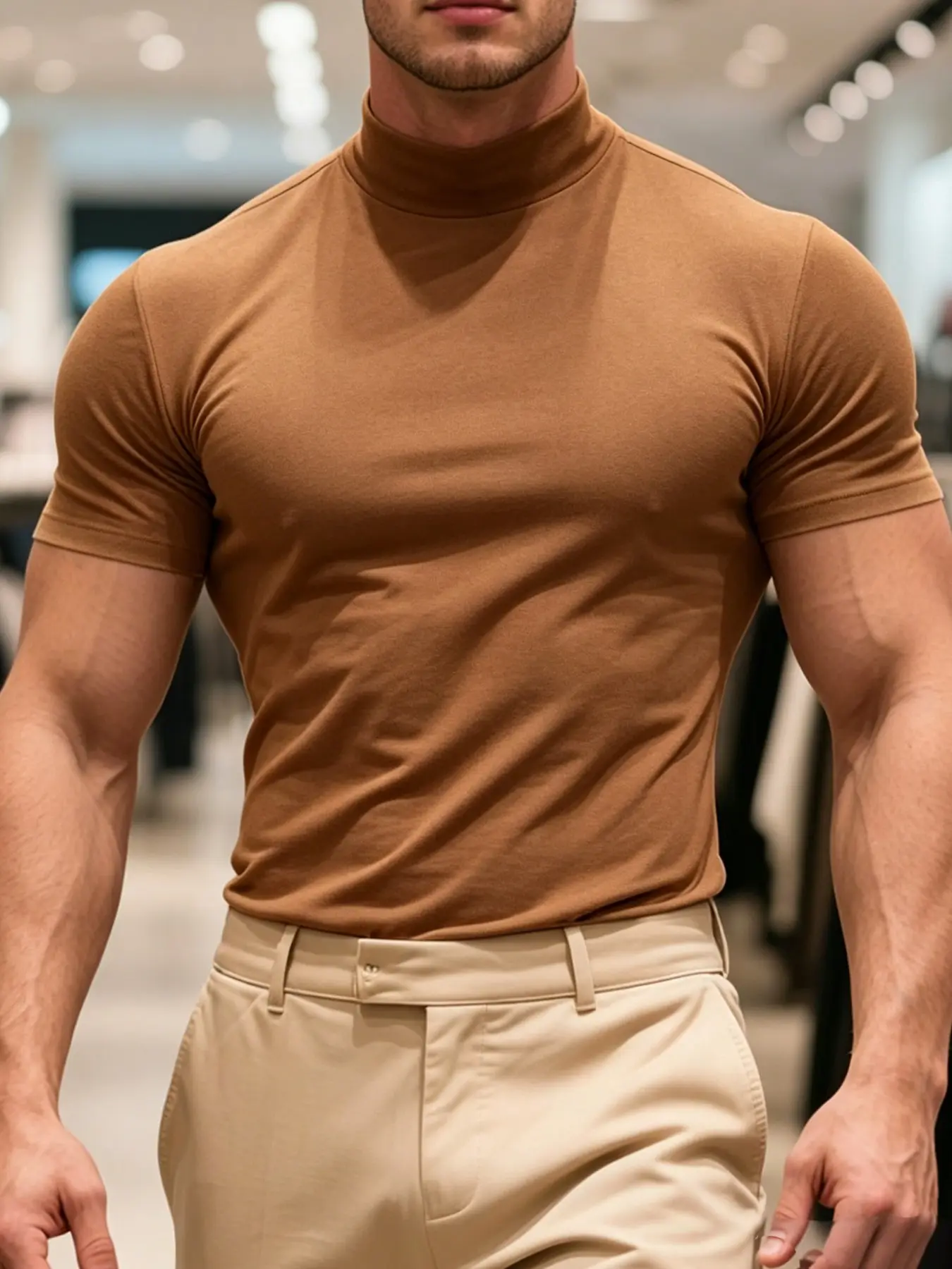 Sophisticated Mock Neck Muscle Fit T-Shirt for Men | High-Elasticity Athletic Cut Casual Style Tee for Date Night & Office Wear | Professional Slim Fit Top to Accentuate Physique