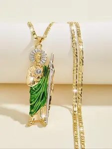 Fashion Hip Hop Large Saint Judas Pendant Necklace, Cuban Link Necklace, Cuban Link Chains, Copper Saint Christian Jewelry, Men's 24 Inch Fidelis Chain Gift, Faith Necklace