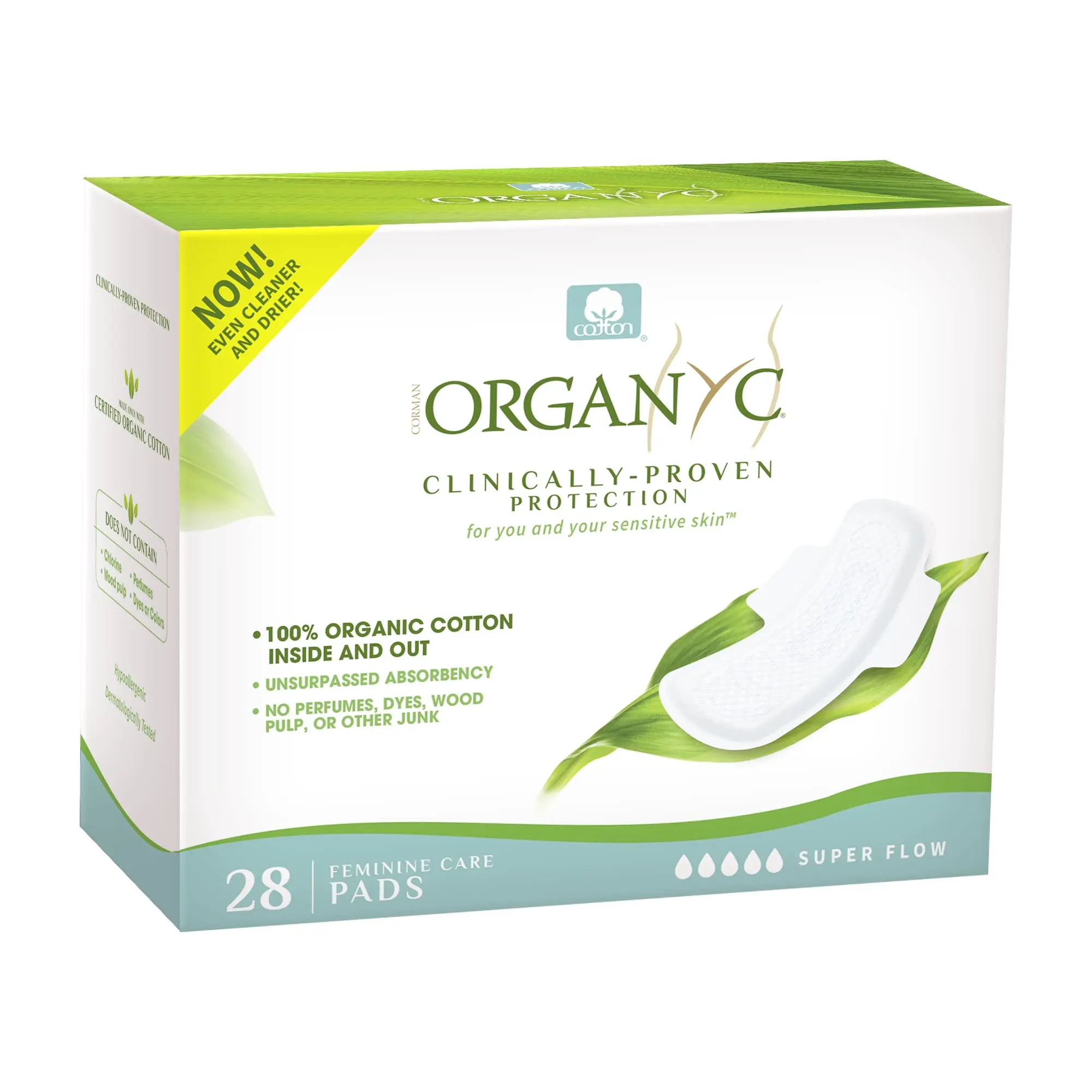 Organyc 100% Certified Organic Cotton Inside and Out Overnight Feminine Pads, Heaviest Flow, Super Absorbency, 28 Count
