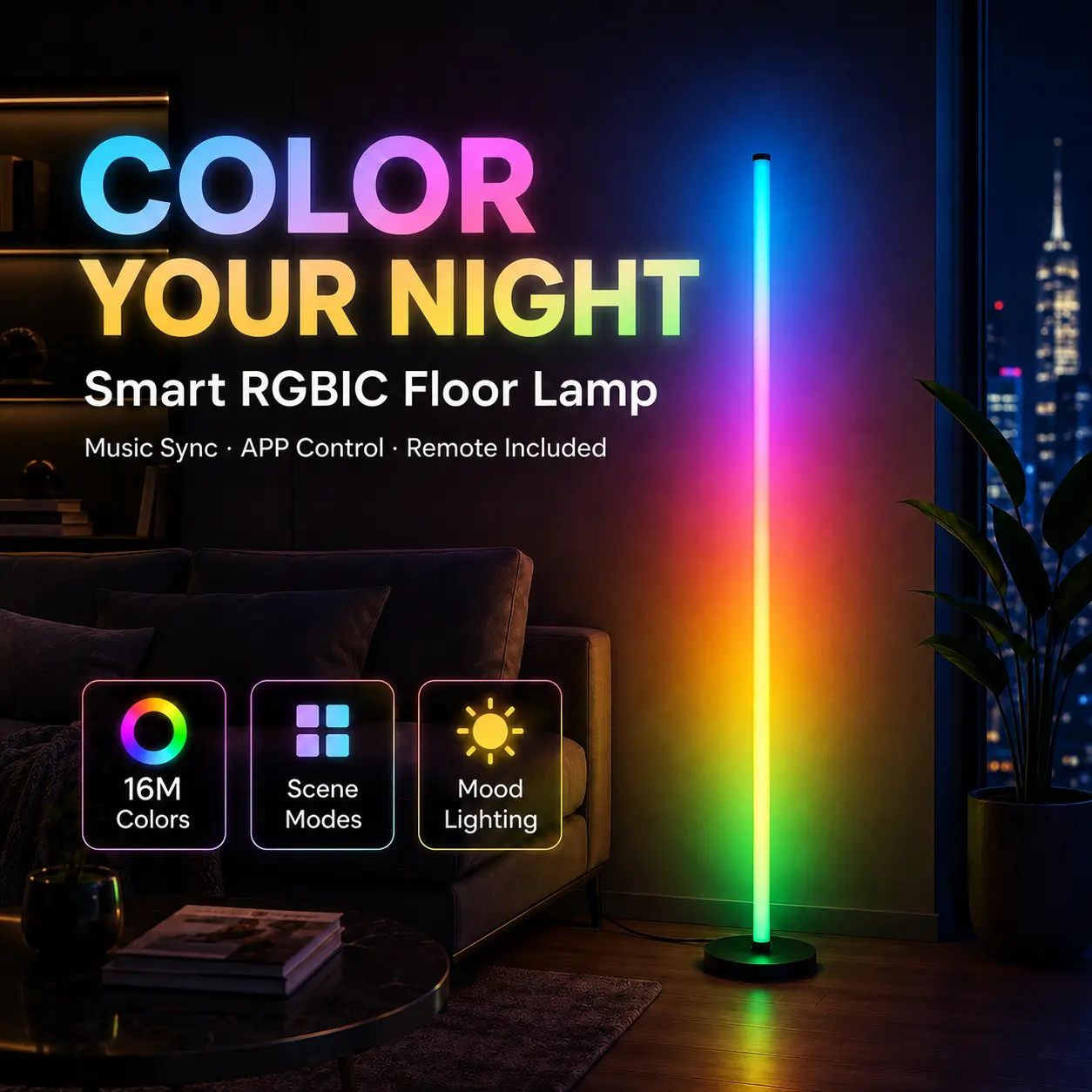 1PC/2PCS Smart RGBIC Floor Lamp, Color Changing LED Corner Light with App & Remote Control, Modern Ambient Lighting for Bedroom, Living Room and Gaming Room
