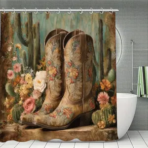 Western Floral Style Shower Curtain with Vintage Cowboy Boot Pattern, Desert Cactus Decor for Rustic Bathroom, 1pc Bathroom Curtain, Bathroom Decoration Accessories, Bathroom Shower Equipment
