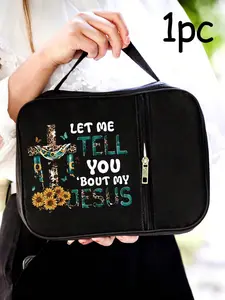 Bible Bag with Floral Flowers Cross Letters, Colorful Printed Bible Cover, Standard Size with Zipper Pockets, Car Organizer for Adults Women