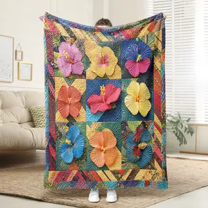 Soft Flannel Blanket with 9 Grids of Colorful Flowers, Ideal for Bedroom Decor, Picnic, Travel, Home Gift