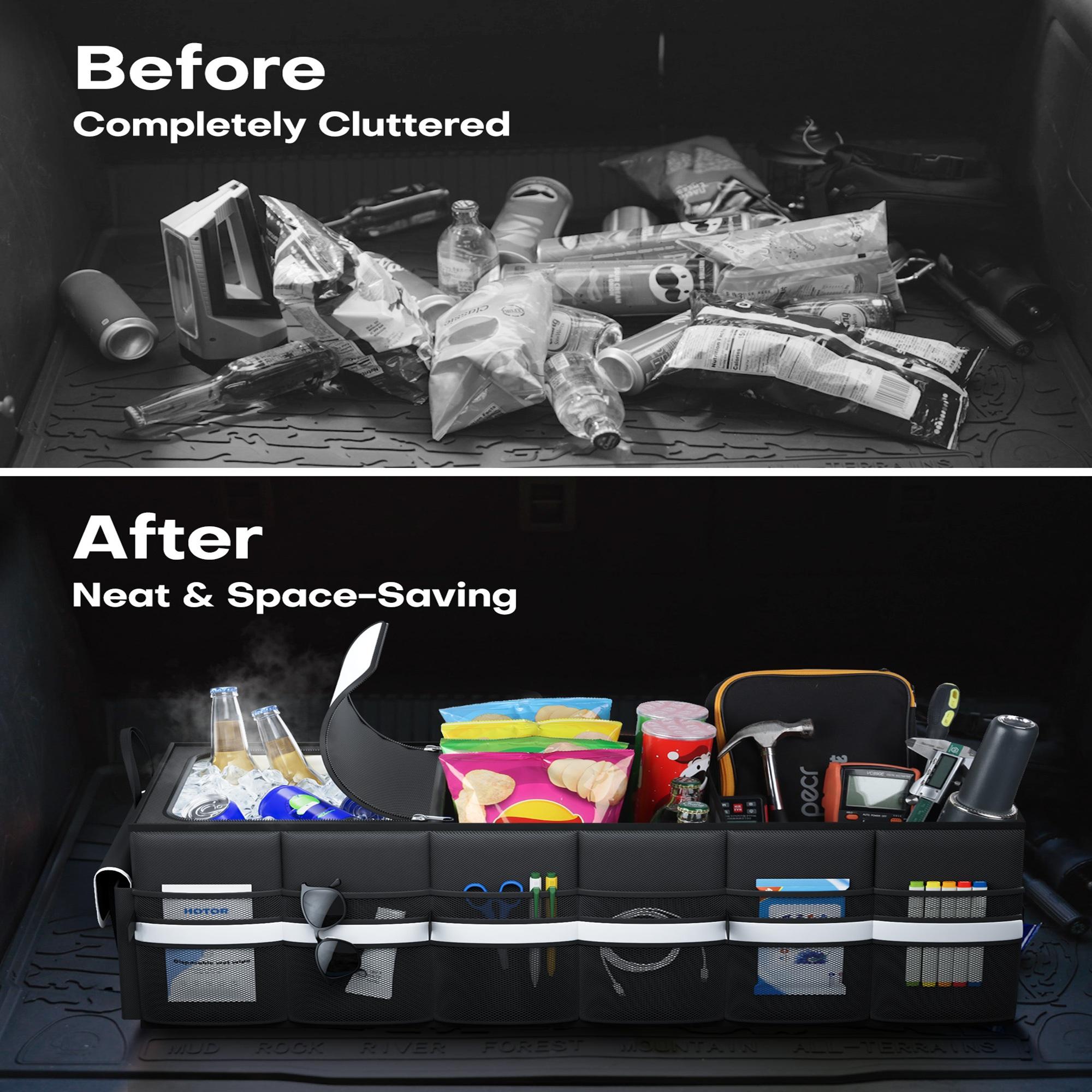 3 Compartment Car Trunk Organizer, Foldable Black Storage Box with Gray Edge, Built in Insulated Cooler Section with Ice Pack and Reflective Strip Design, Large Capacity Trunk Organizer for SUV, Sedan, Grocery, Tools and Travel Essentials 3 Compartment Car Trunk Organizer, Foldable Black Storage Box with Gray Edge, Built in Insulated Cooler Section with Ice Pack and Reflective Strip Design, Large Capacity Trunk Organizer for SUV, Sedan, Grocery, Tools and Travel Essentials
