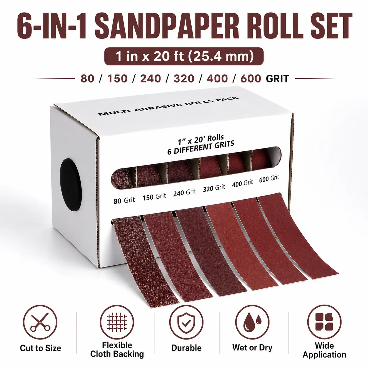 6-in-1 Wet Dry Sandpaper Rolls with Dispenser Box, 1” x 20 ft Aluminum Oxide Abrasive Emery Cloth Set for Wood, Metal, Auto, Rust Removal, Deburring & Polishing