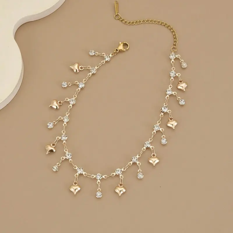 Women's Stainless Steel Heart Anklet with Shiny Rhinestones, Dainty Foot Chain Jewelry for Summer Beach Wear, Trendy Jewelry, Elegant Accessory, Fashionable Accessory, Jewellery