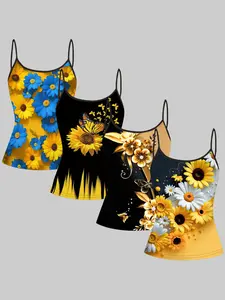 Sunflower Daisy Print Halter Top, Summer Home Sleepwear Outerwear, Unique Slim Fit Shirt, Four-Piece Set, Casual Style