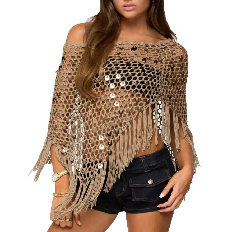 Women's Sheer Knit Asymmetrical Boat Neck Pullover Swimsuit Coverup - Lightweight Polyester Women's Clothes for Beachwear, Poncho Top, See-Through Knit, Airy