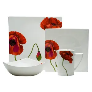 Red Vanilla SB3400-904 Bold Floral Ceramic Dining Set, 4-Piece Tableware for Striking Table Settings