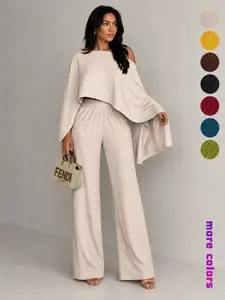 Two-Piece Set Women's Solid Color Knit Flowy Top & Elastic Waist Pants, Casual Fashion Cozy Top & Trousers for Daily Outdoor Wear, Women's Clothing for Fall Fit