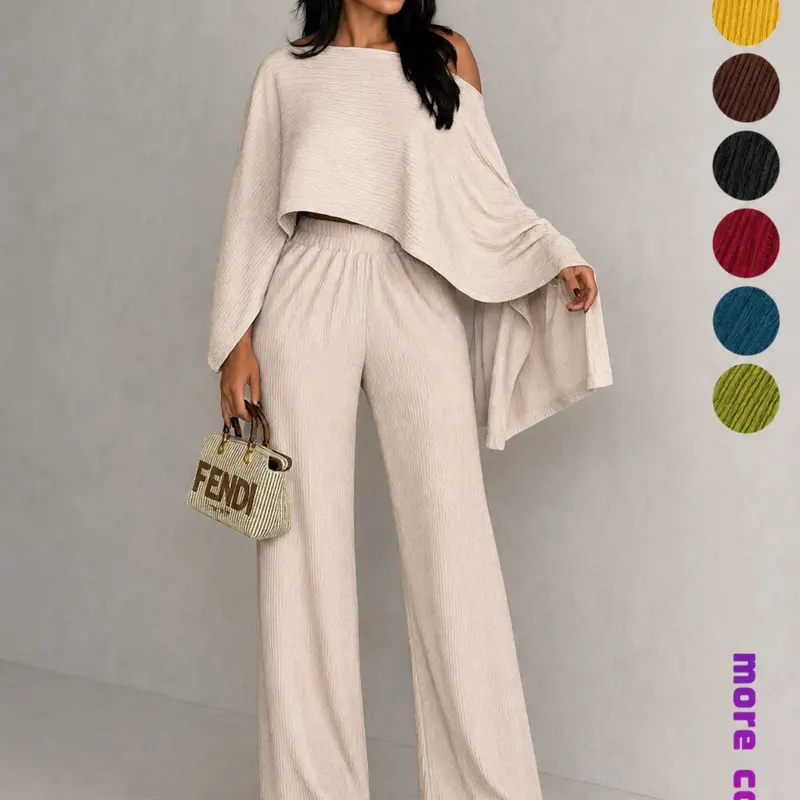Two-Piece Set Women's Solid Color Knit Flowy Top Sleeves & Elastic Waist Pants, Casual Everyday Set Fashion Cozy Top & Trousers for Daily Outdoor Wear, Women's Clothing for Fall Fit Outfit Fabric